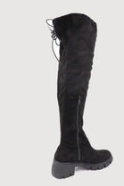 Black Stretch Faux Suede Over The Knee Low Block Heel Flat Long Boots