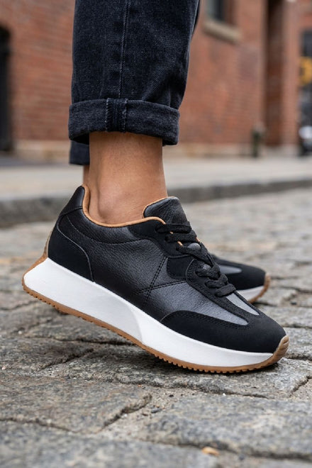 Women's Black Lace Up Chunky Runner Trainers