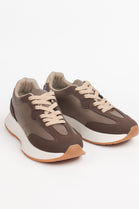 Women's Brown Suede/Pu Lace Up Chunky Runner Trainers