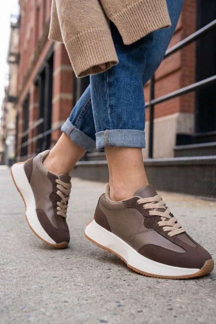 Women's Brown Suede/Pu Lace Up Chunky Runner Trainers