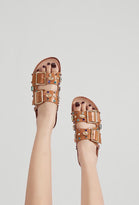 CAMEL WESTERN MULTI STUDDED BUCKLED SANDALS