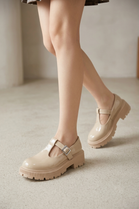 Women’s Beige Patent Chunky T-Strap Mary Jane Loafers Platform Shoes