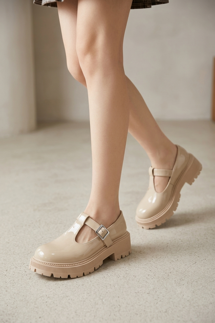 Women’s Beige Patent Chunky T-Strap Mary Jane Loafers Platform Shoes