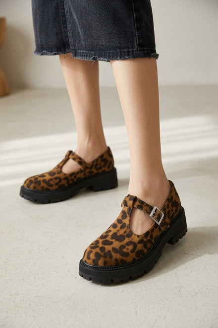 Women’s Leopard Print Chunky T-Strap Mary Jane Loafers Platform Shoes