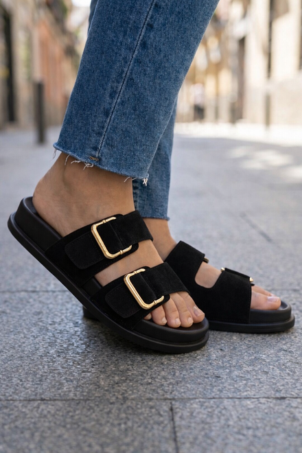Women's Black Faux Suede Double Buckle Slide Sandals