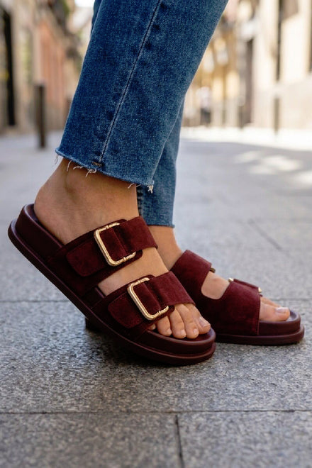 Women's Burgundy Faux Suede Double Buckle Slide Sandals