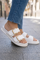 Women's White Pu Double Buckle Slide Sandals