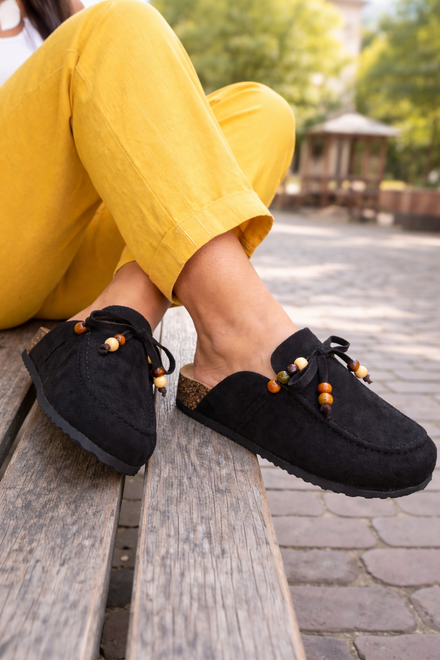 Women's Beaded Clogs Black Faux Suede Slip-On Footbed Mules