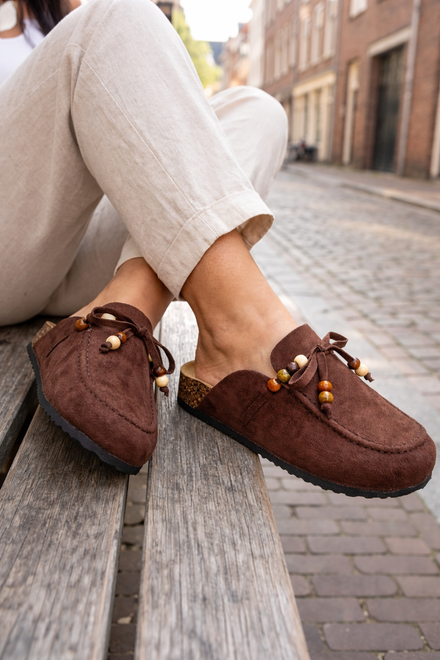Women's Beaded Clogs Brown Faux Suede Slip-On Footbed Mules