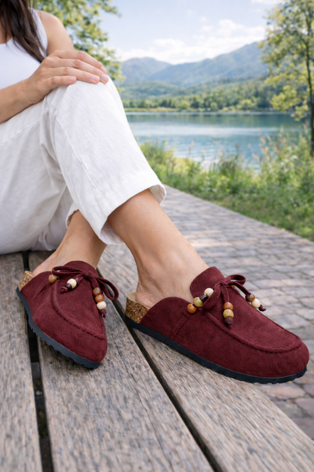 Women's Beaded Clogs Burgundy Faux Suede Slip-On Footbed Mules