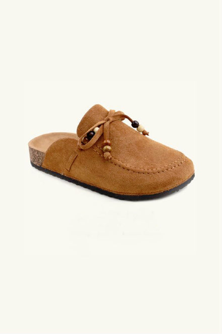 Women's Beaded Clogs Camel Faux Suede Slip-On Footbed Mules