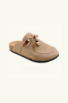 Women's Beaded Clogs Khaki Faux Suede Slip-On Footbed Mules