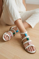 Women's Cream Pu Stone-Embellished Flat Multi-Strap Gladiator Sandals