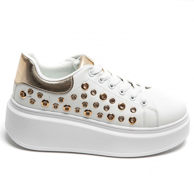 GOLD LACE UP SIDE DETAIL CHUNKY STYLISH FLAT TRAINERS