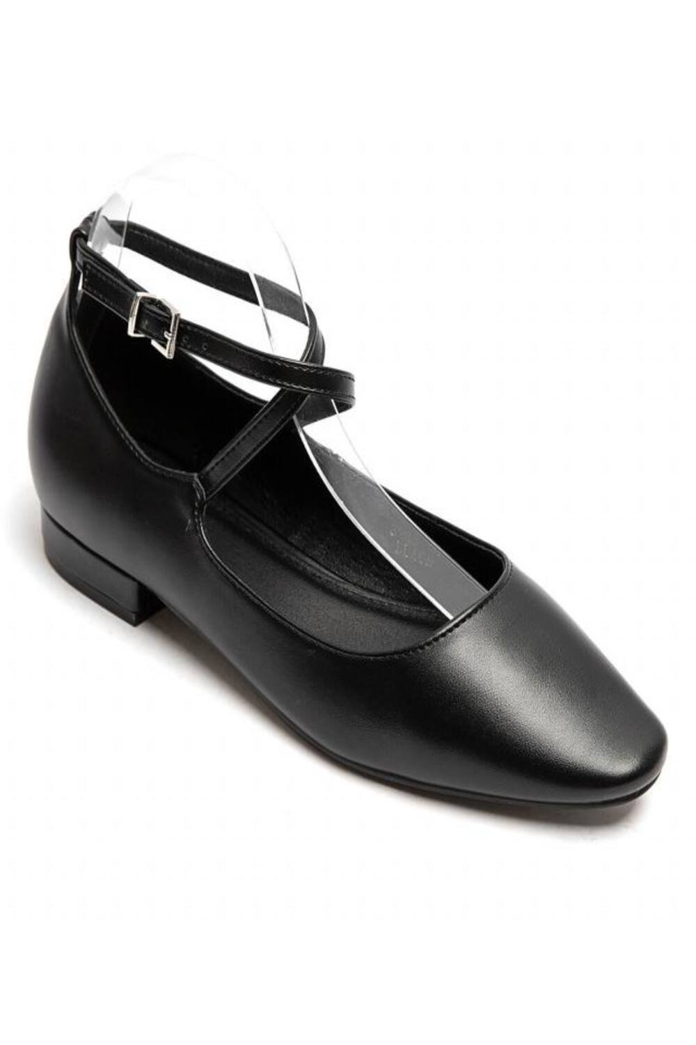 Women’s Black Pu Ankle-Strap Ballet Pumps Classic Square Toe Flats