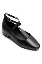 Women’s Black Pu Ankle-Strap Ballet Pumps Classic Square Toe Flats