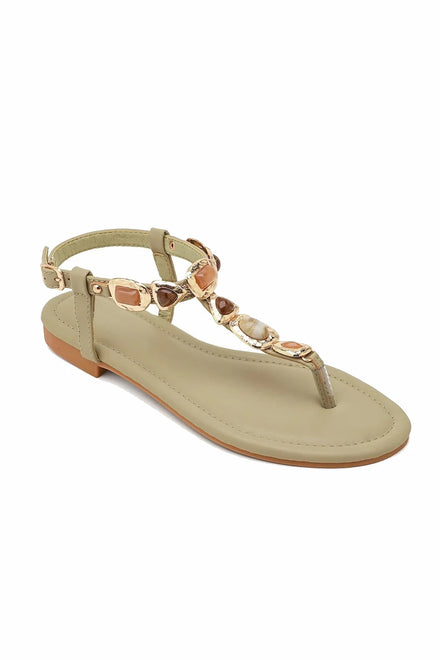 Jewelled Ankle-Strap Flat Sandals In Green | Wholesale Summer Footwear