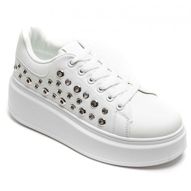 WHITE LACE UP SIDE DETAIL CHUNKY STYLISH FLAT TRAINERS