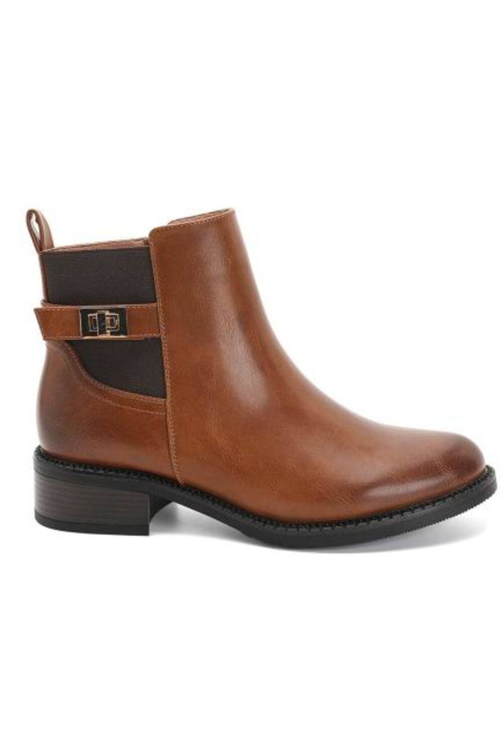 Women’s Camel Leather-Look Ankle Boots with Buckle Detail & Block Heel