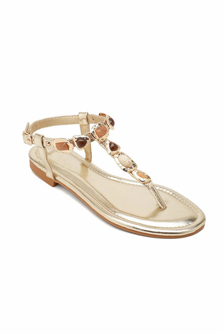 Jewelled Ankle-Strap Flat Sandals In Gold | Wholesale Summer Footwear