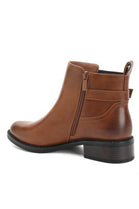 Women’s Camel Leather-Look Ankle Boots with Buckle Detail & Block Heel