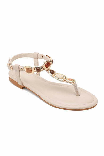 Jewelled Ankle-Strap Flat Sandals In Beige | Wholesale Summer Footwear