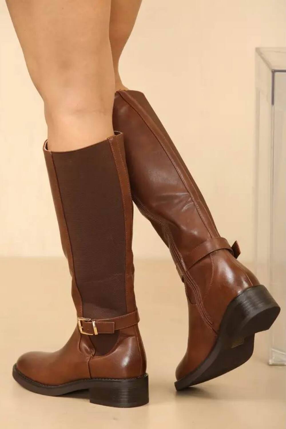 Women's Classic Brown Pu Knee-High Elasticated Riding Boots with Buckle Detail