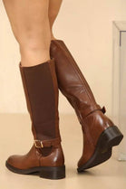 Women's Classic Brown Pu Knee-High Elasticated Riding Boots with Buckle Detail