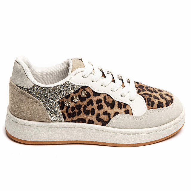Ladies Leopard Print Glitter Panel Lace-Up Fashion Trainers