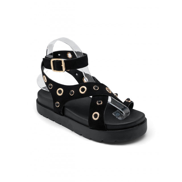 Black Suede Flatform Sandals with Metallic Eyelet Detail