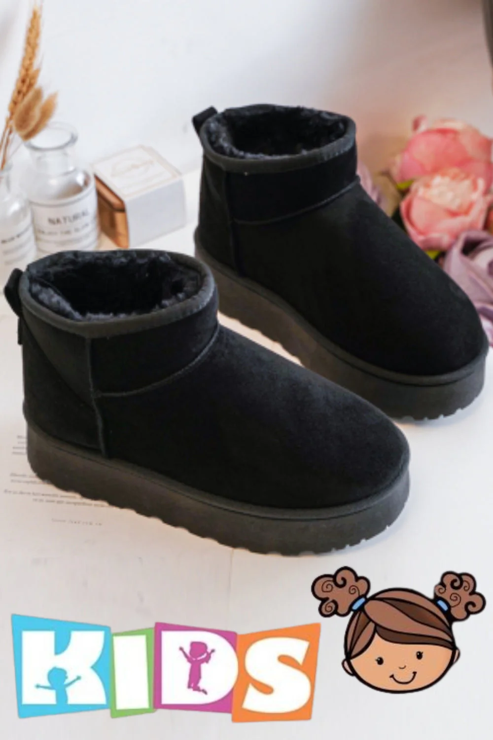 KIDS ANKLE LENGTH FAUX FUR LINING BOOTS IN BLACK 25-30 SIZES