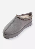 GREY FAUX SUEDE EMBROIDERED COZY SLIPPER BOOTS