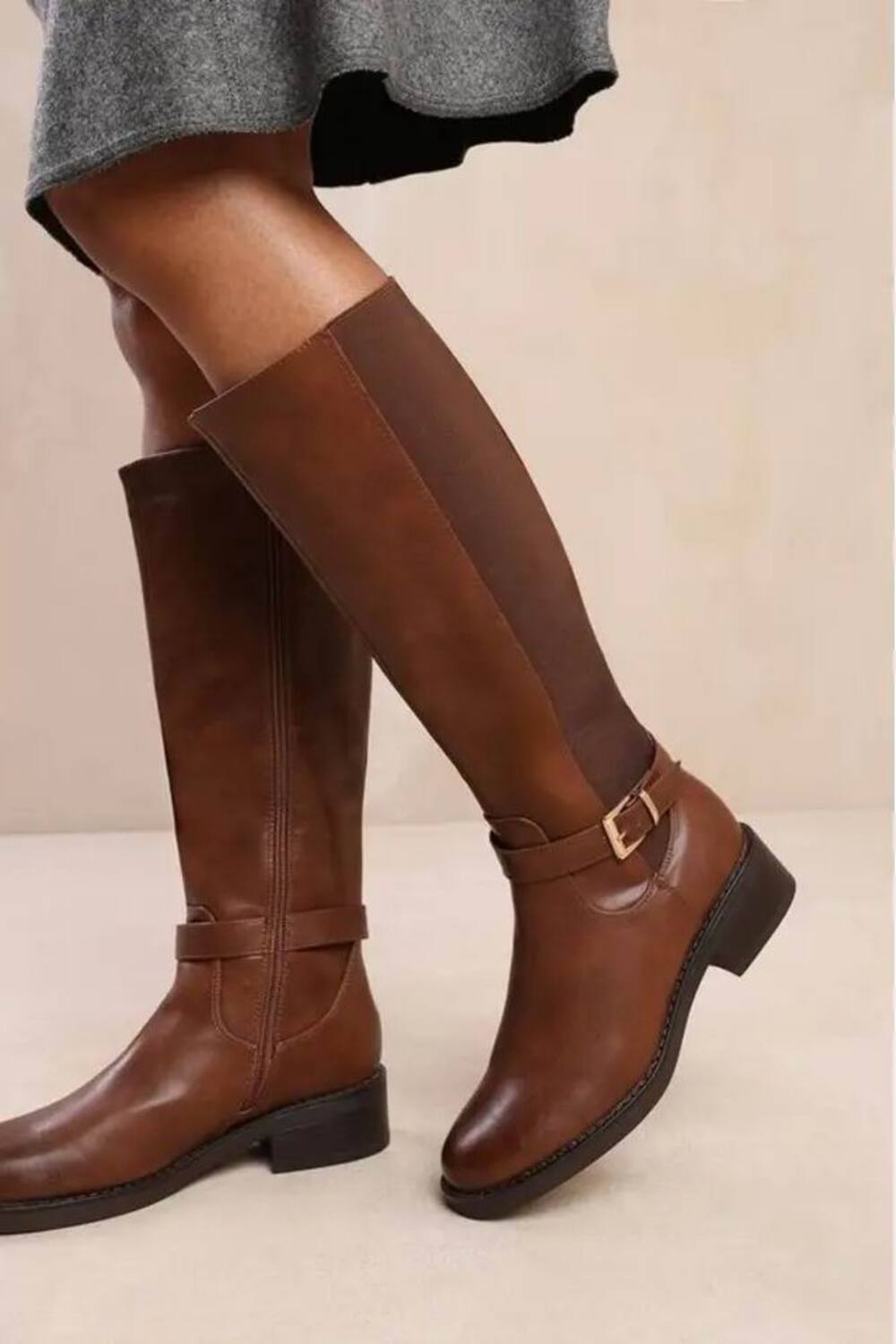 Women's Classic Brown Pu Knee-High Elasticated Riding Boots with Buckle Detail