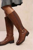 Women's Classic Brown Pu Knee-High Elasticated Riding Boots with Buckle Detail