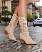 BEIGE SUEDE RHINESTONE SIDE DESIGN BLOCK HEEL COWBOY COWGIRL WESTERN BOOTS