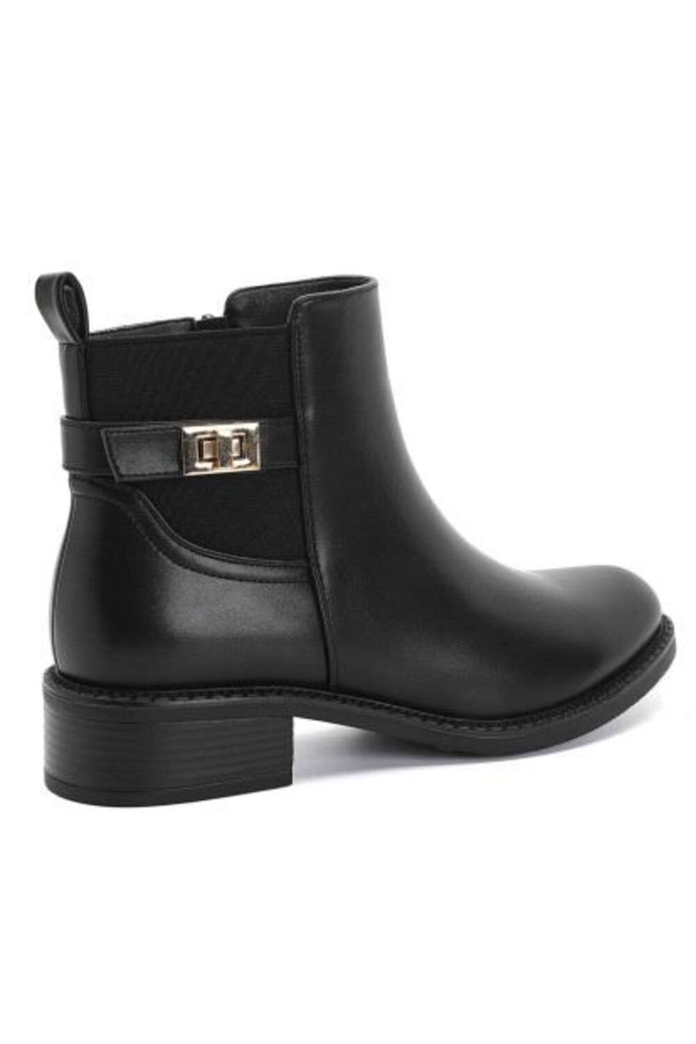 Women’s Black Leather-Look Ankle Boots with Buckle Detail & Block Heel