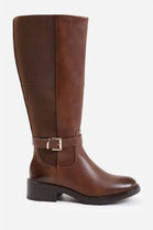 Women's Classic Brown Pu Knee-High Elasticated Riding Boots with Buckle Detail