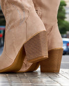 BEIGE SUEDE RHINESTONE SIDE DESIGN BLOCK HEEL COWBOY COWGIRL WESTERN BOOTS