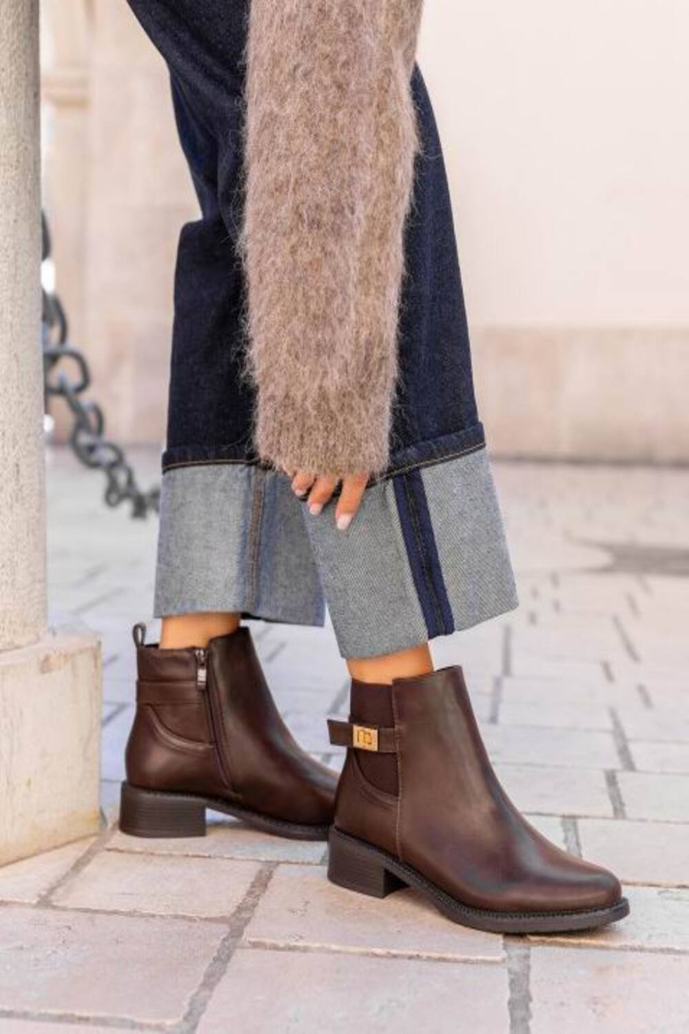 Women’s Brown Leather-Look Ankle Boots with Buckle Detail & Block Heel