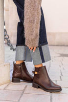 Women’s Brown Leather-Look Ankle Boots with Buckle Detail & Block Heel