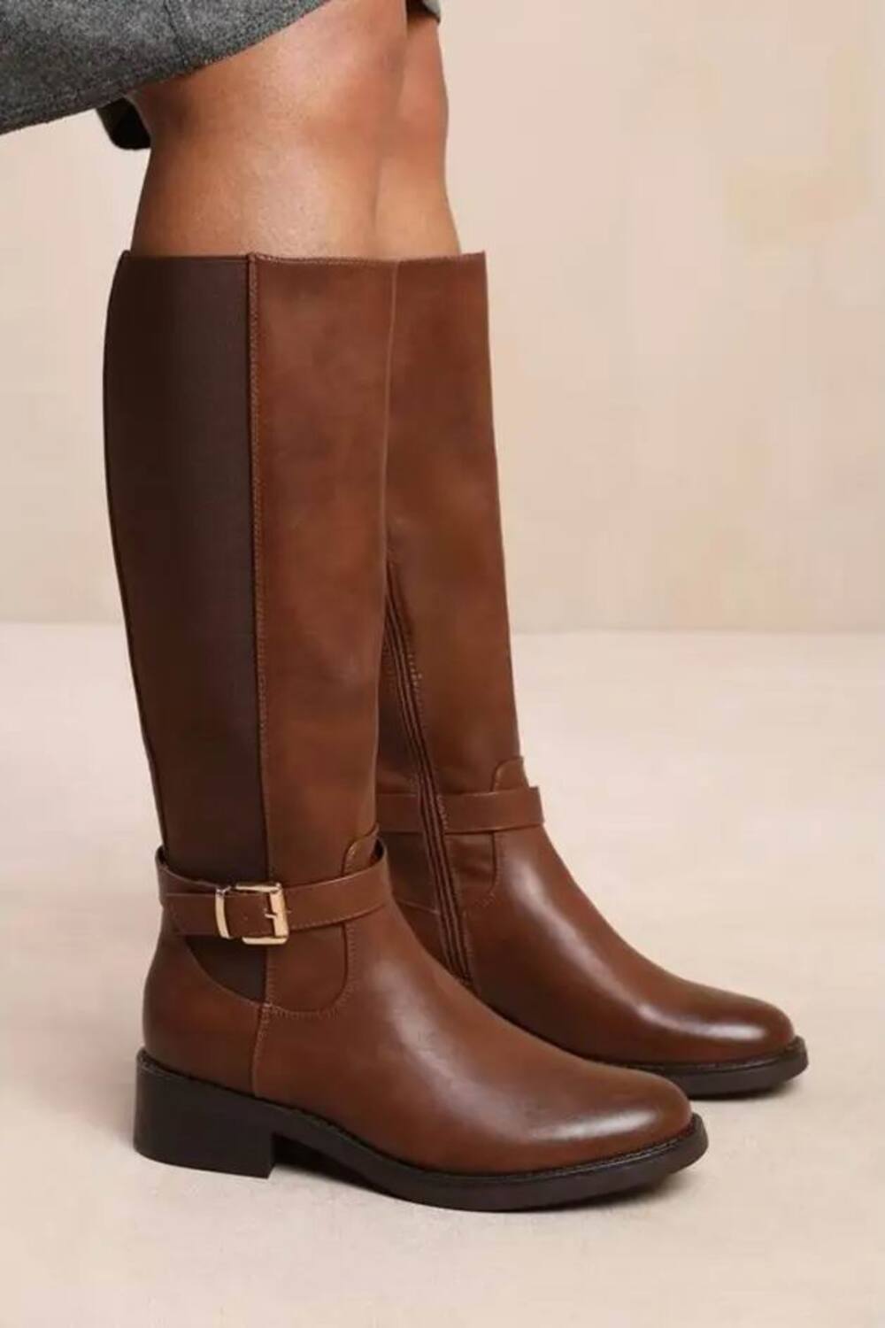 Women's Classic Brown Pu Knee-High Elasticated Riding Boots with Buckle Detail