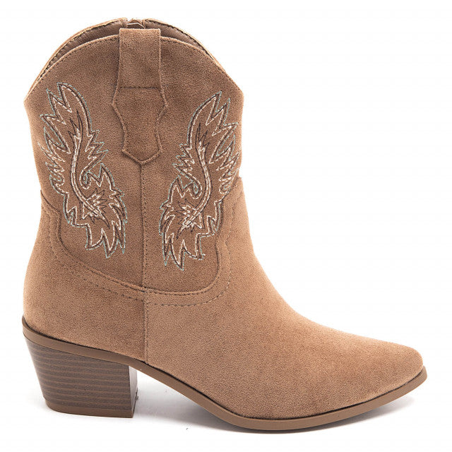Ladies Camel Suede-Style Western Ankle Boots with Embroidered Detail