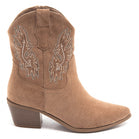 Ladies Camel Suede-Style Western Ankle Boots with Embroidered Detail