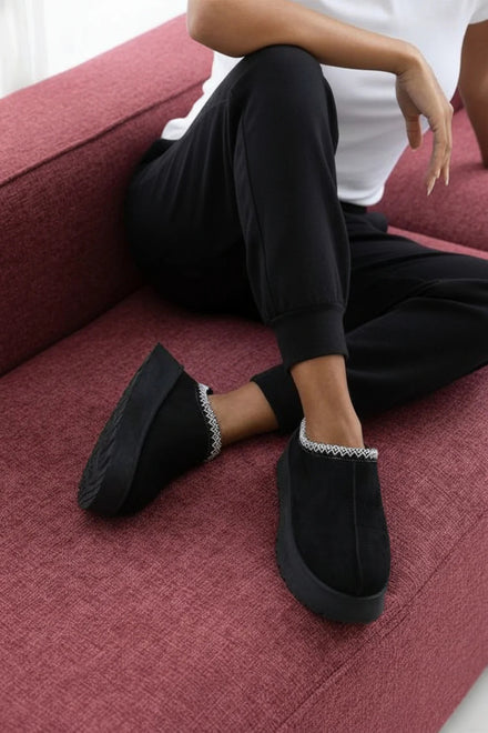 Black Suede Aztec Faux Fur Platform Slipper Boots