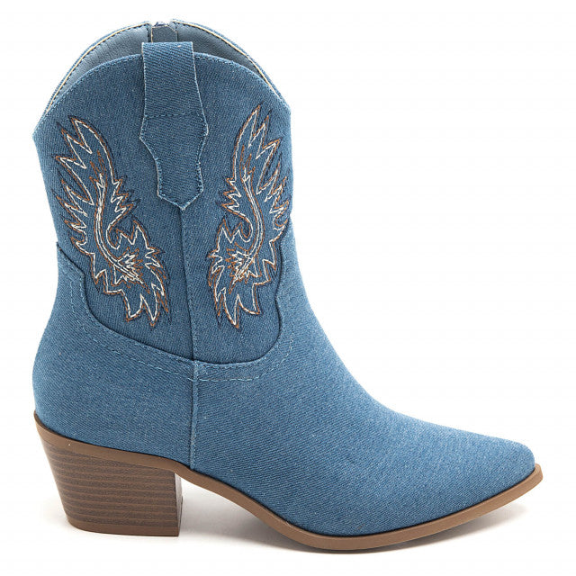 Ladies Blue Denim Western Ankle Boots – Embroidered Wing Detail & Block Heel