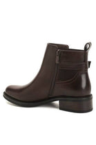 Women’s Brown Leather-Look Ankle Boots with Buckle Detail & Block Heel
