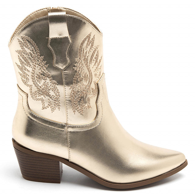 Ladies Metallic Gold Western Ankle Boots – Embroidered Wing Detail & Block Heel