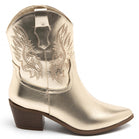 Ladies Metallic Gold Western Ankle Boots – Embroidered Wing Detail & Block Heel