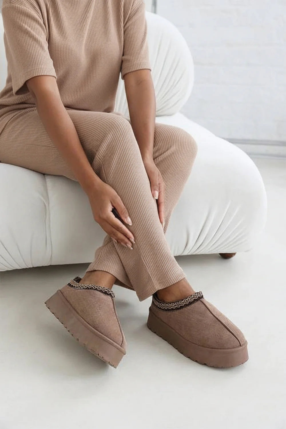 Camel Suede Aztec Faux Fur Platform Slipper Boots