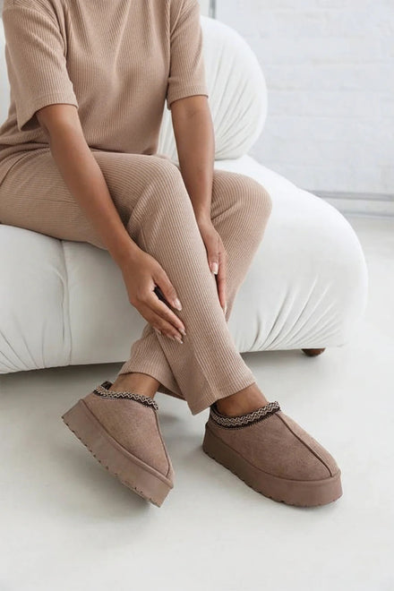 Camel Suede Aztec Faux Fur Platform Slipper Boots